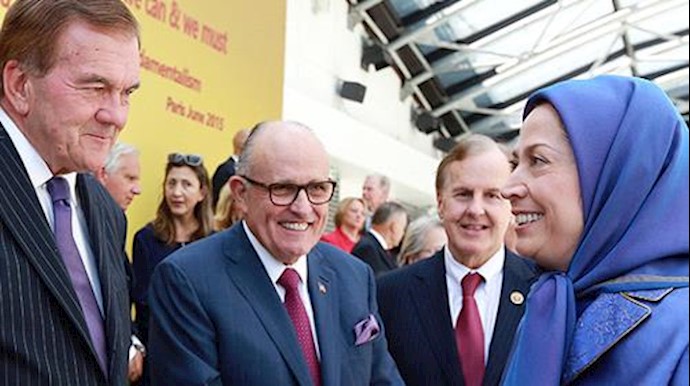  'Maryam Rajavi meets with U.S. supporters. From left, Tom Ridge, Rudy Giuliani, and Robert Pittenger'