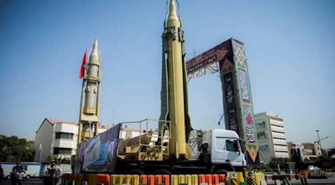  'A display featuring missiles and a portrait of Irans Supreme Leader Ayatollah Ali Khamenei is seen at Baharestan Square in Tehran, Iran'
