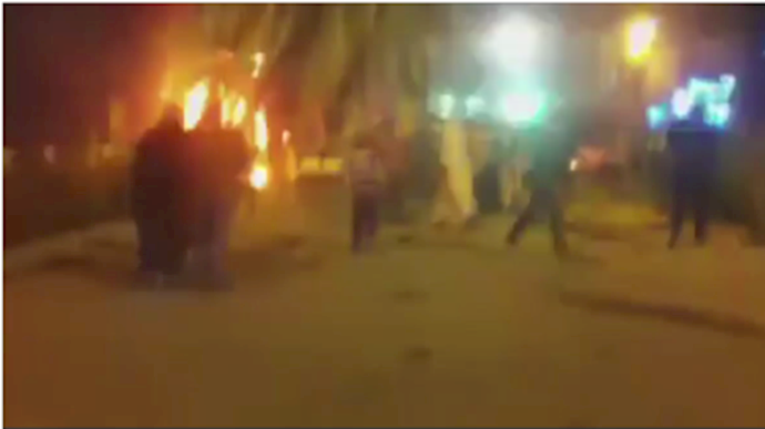  'Image from the site where an explosives-rigged vehicle blew up in front of a mosque in the central neighborhood of Al-Sleimani.'