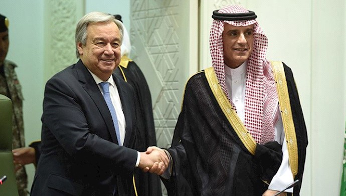  'UNSG Guterres at a joint press conference with Saudi FM Adel Al-Jubeir'