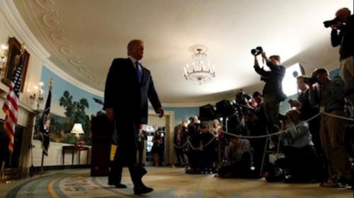  'U.S. President Donald Trump walks from the Diplomatic Reception Room after discussing the Iran nuclear deal at the White House'