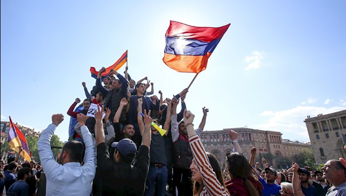  'People celebrate Armenian Prime Minister’s Serzh Sargsyan’s resignation in Republic Square in Yerevan, Armenia,'