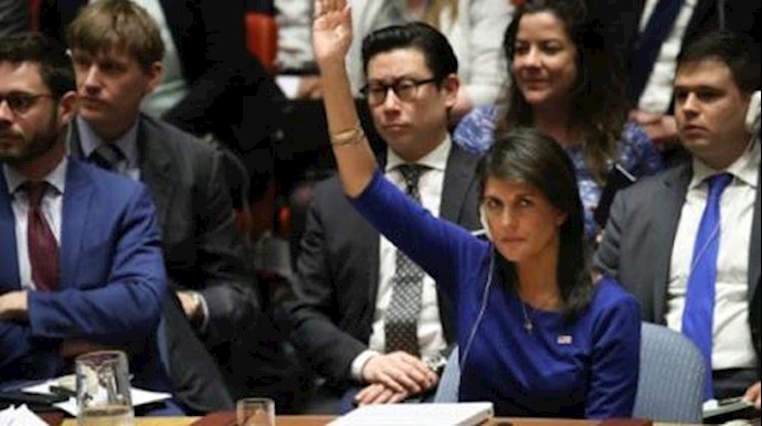  'Nikki Haley vetoes a Russian proposed draft resolution that would condemn the joint military action against Syria, April 14, 2018 '